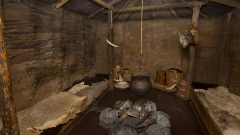 Viking house interior with two perches and a fireplace