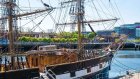 View of the tall ship on a Liffey in Dublin