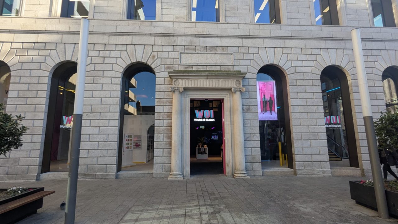 Front of the building façade in stone the main entry to the late open for school groups attraction in Dublin World of Illusion 