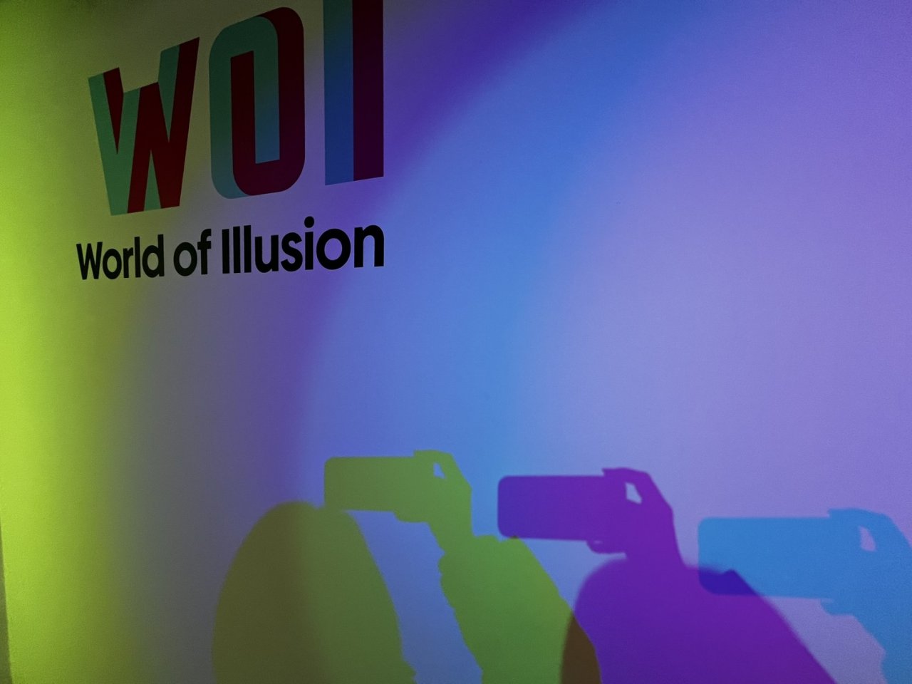 RGB Shadow Casting Wall - Shadow of someone taking picture in the specially arranged room with World of illusion Logo