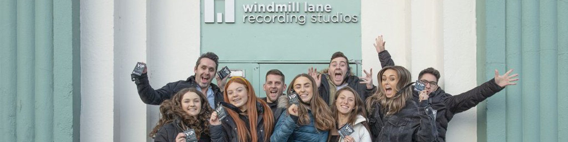 Group of Students Outside Windmill Lane Recording Studios Main Entrance