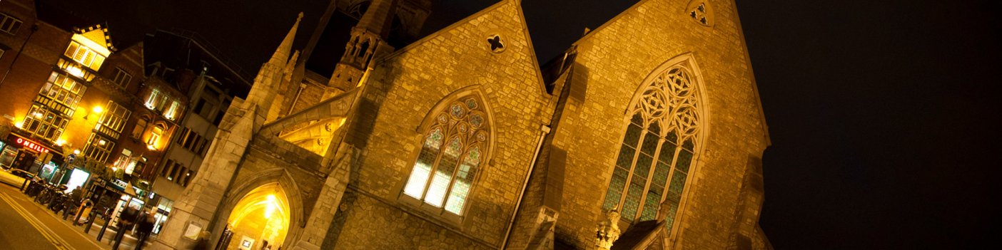 A church featured in the Pat Liddy Tales of the Macabre and the Horrible Tour, at night-time 