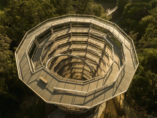 Birdseye view of the giant wooden and steel slide tower