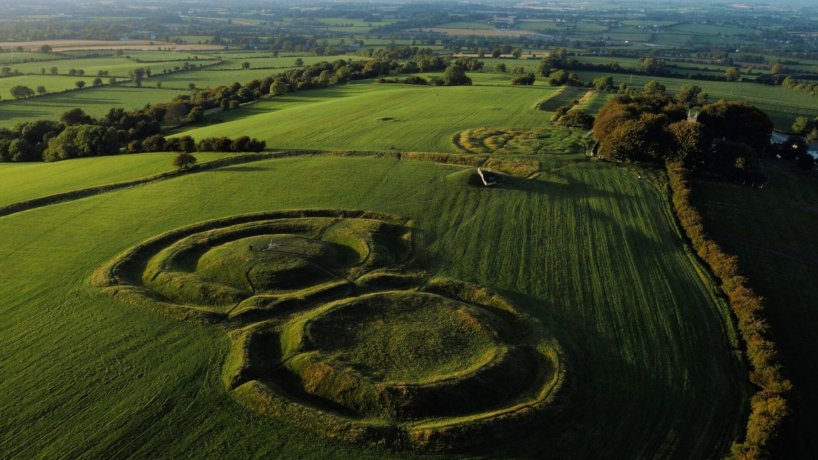 Drone View of the Hill of Tara With Visible Remains of the Settlement - Moat and Circular Walls of the Iron Age Fort