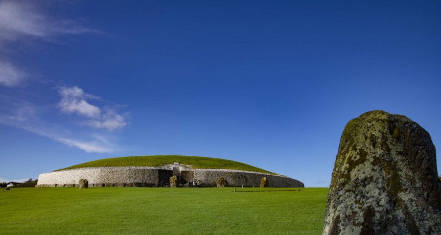 Boyne Valley UNESCO site view towards Newgrange Dominated by Green Fields and Blue Sky