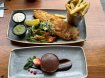 Beer Battered Fillet of Today's Catch served with chips, Brownie served with Ice-Cream and Chocolate Sauce.  Affordable 2 course dinners for groups