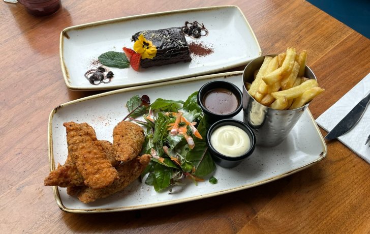Southern Fried Chicken Tenders, served with Fries and Brownie served with Chocolate Sauce. Budget meals for school groups, student trips and sport teams