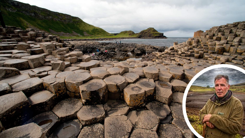 Giant's Causeway Basalts with a Postcard Inset of the Local Tour Guide