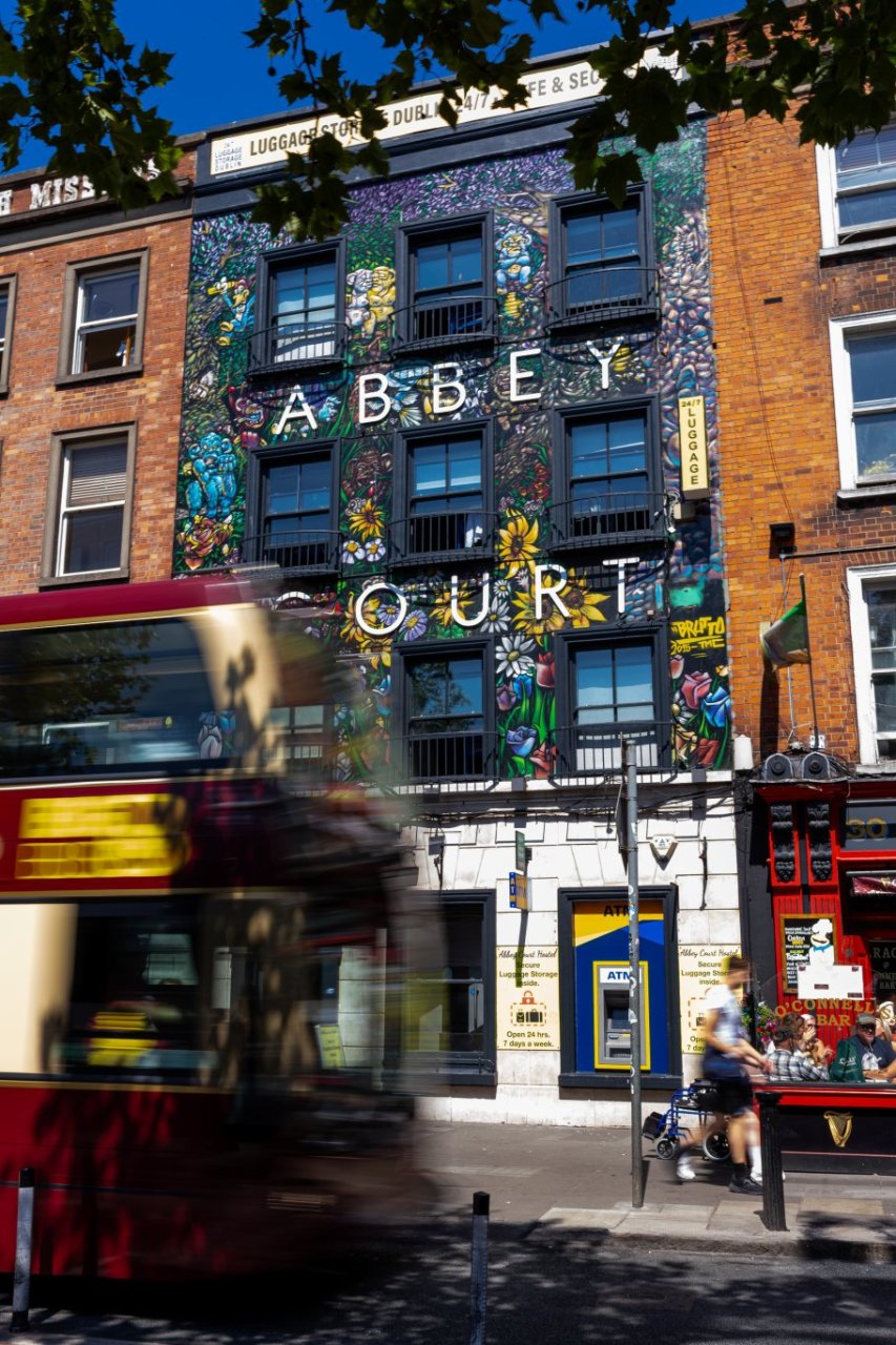 Colorful Facade of a 3 Stories Building of Abbey Court Hostel in Dublin City Centre