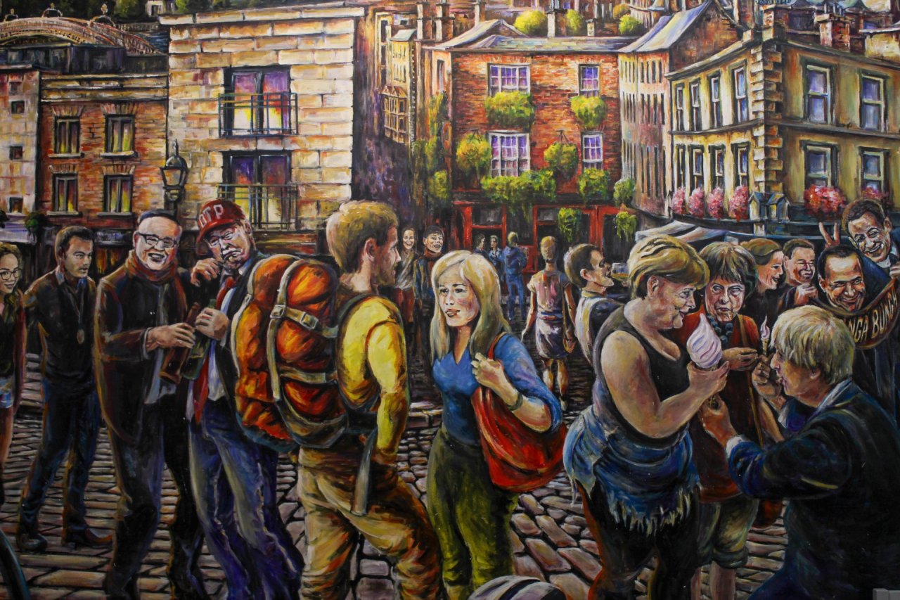 Mural of Temple Bar with Tourists and Locals in Abbey Hotel's Reception in Dublin