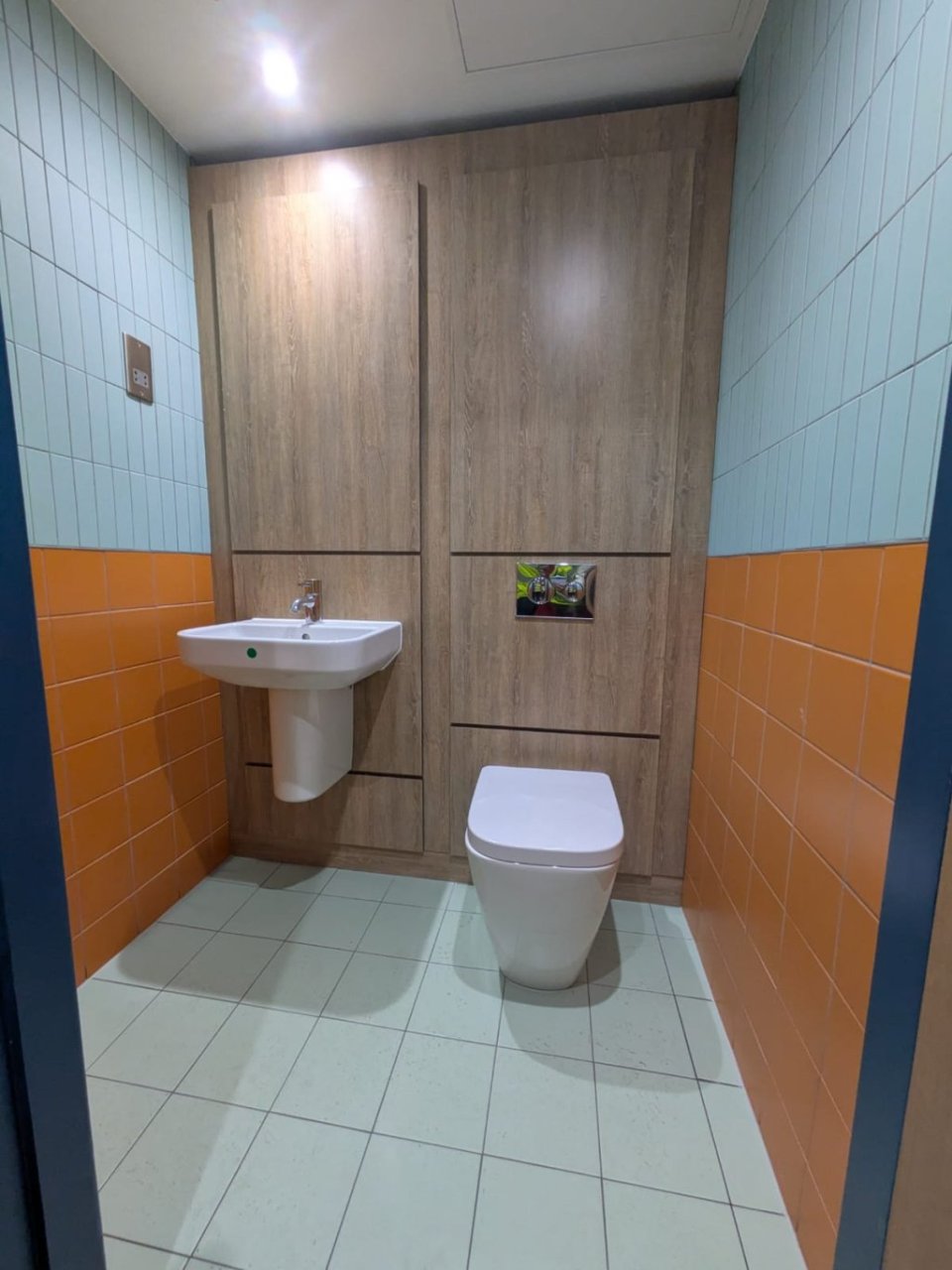 WC bathroom in Folk Hostel in Dublin. Toilet with Sink and Separate Shower   