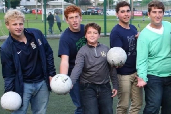 Students learning to play Gaelic Football at Experience Gaelic Games Group of students holding their GAA ball in their hands