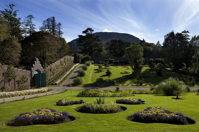 Green and flowery nature at the Victorian walled gardens of Kylemore Abbey